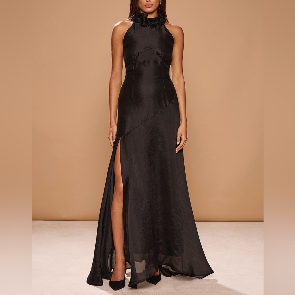 Nwt Sonya Moda Noelle Gown Black Organza Silk Maxi Floral Neck Sz L